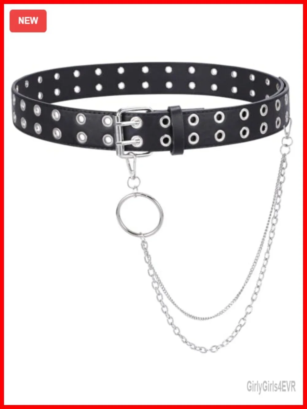 PU Leather Double Grommet Belt with Chain, Punk Rock Belt for Women Men, Unisex